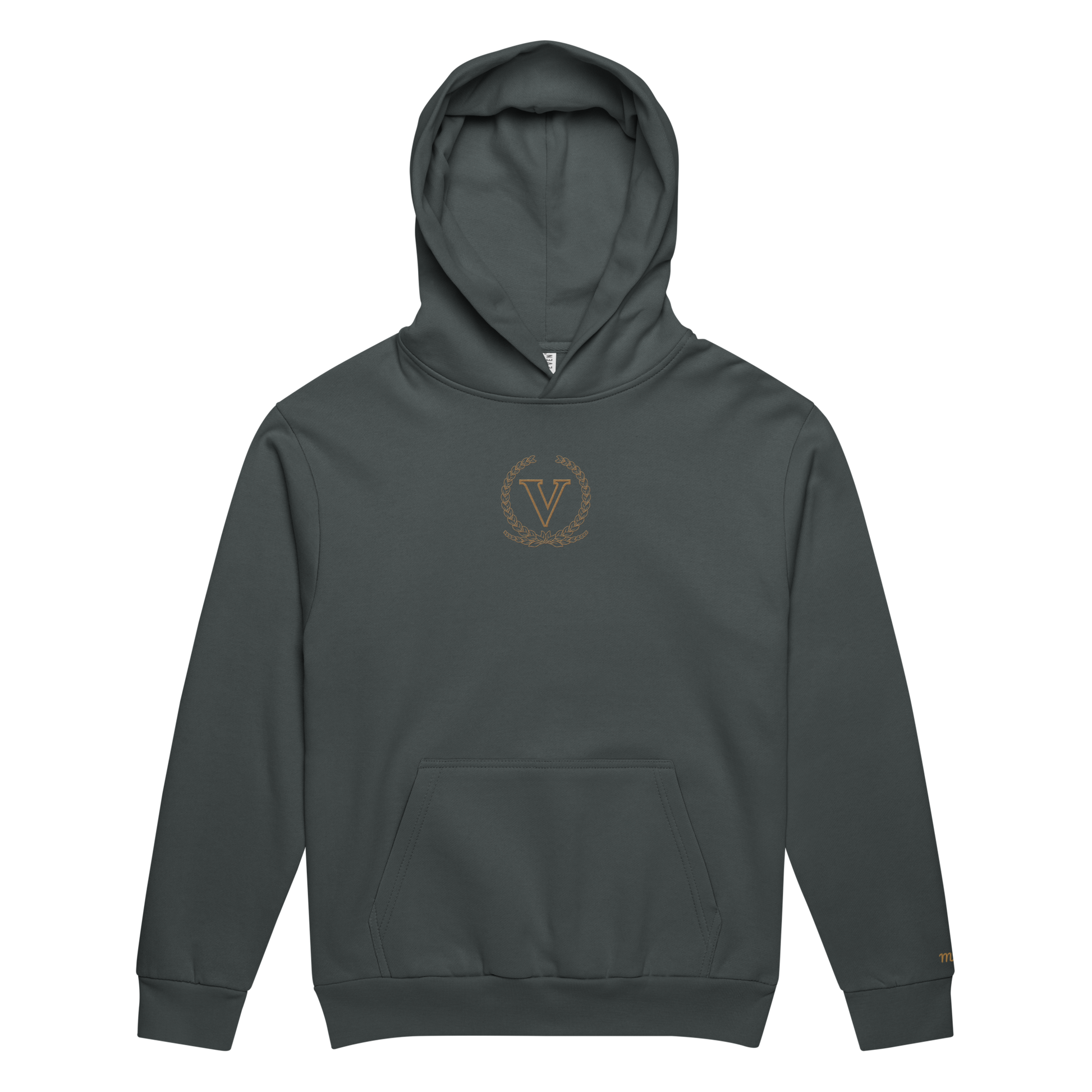 Dark gray hoodie with a logo on the chest against a white background