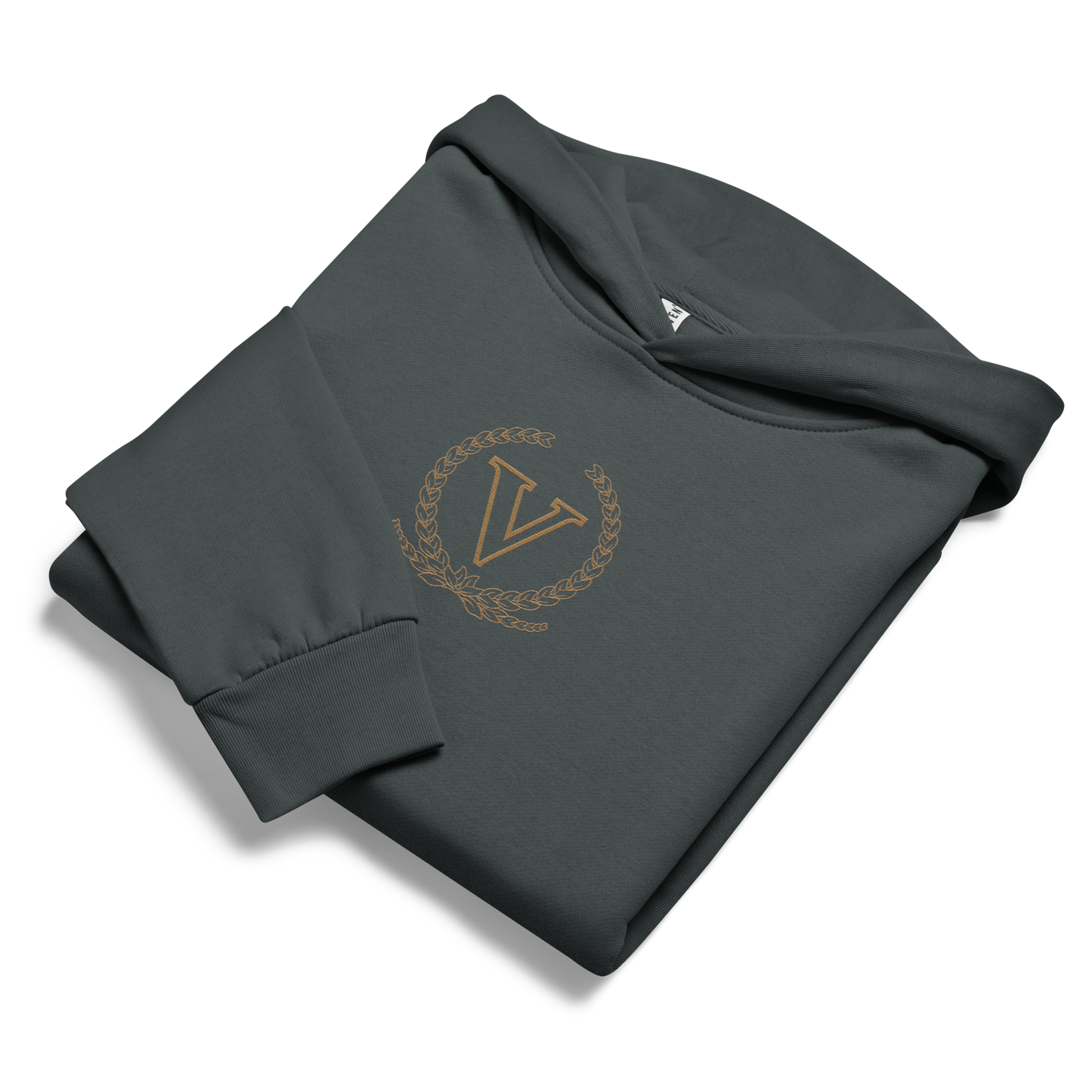 Folded dark gray sweatshirt with a logo on a white background