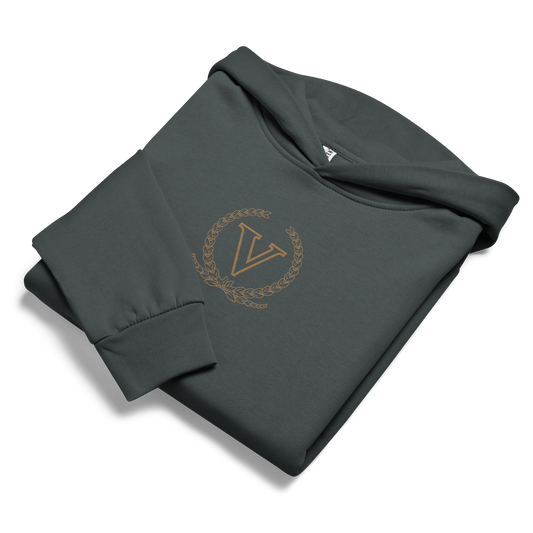 Folded dark gray sweatshirt with a logo on a white background