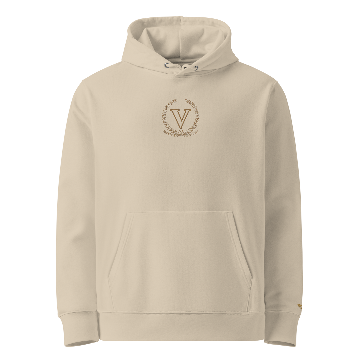 Beige hoodie with a logo on the chest against a white background